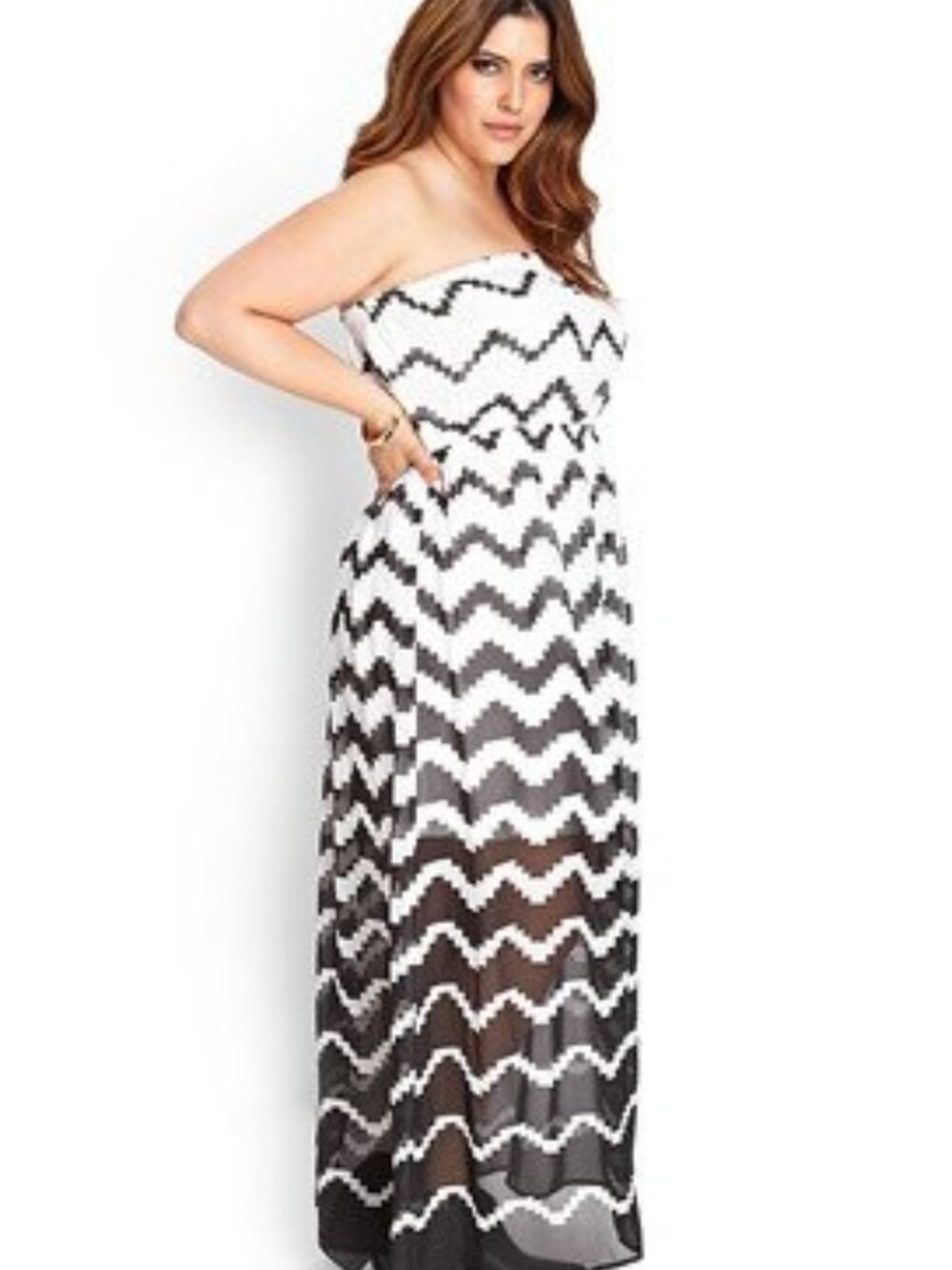 Forever 21+ Plus Size Ivory Black Sheer Tube Strapless Chevron Maxi Dress XL